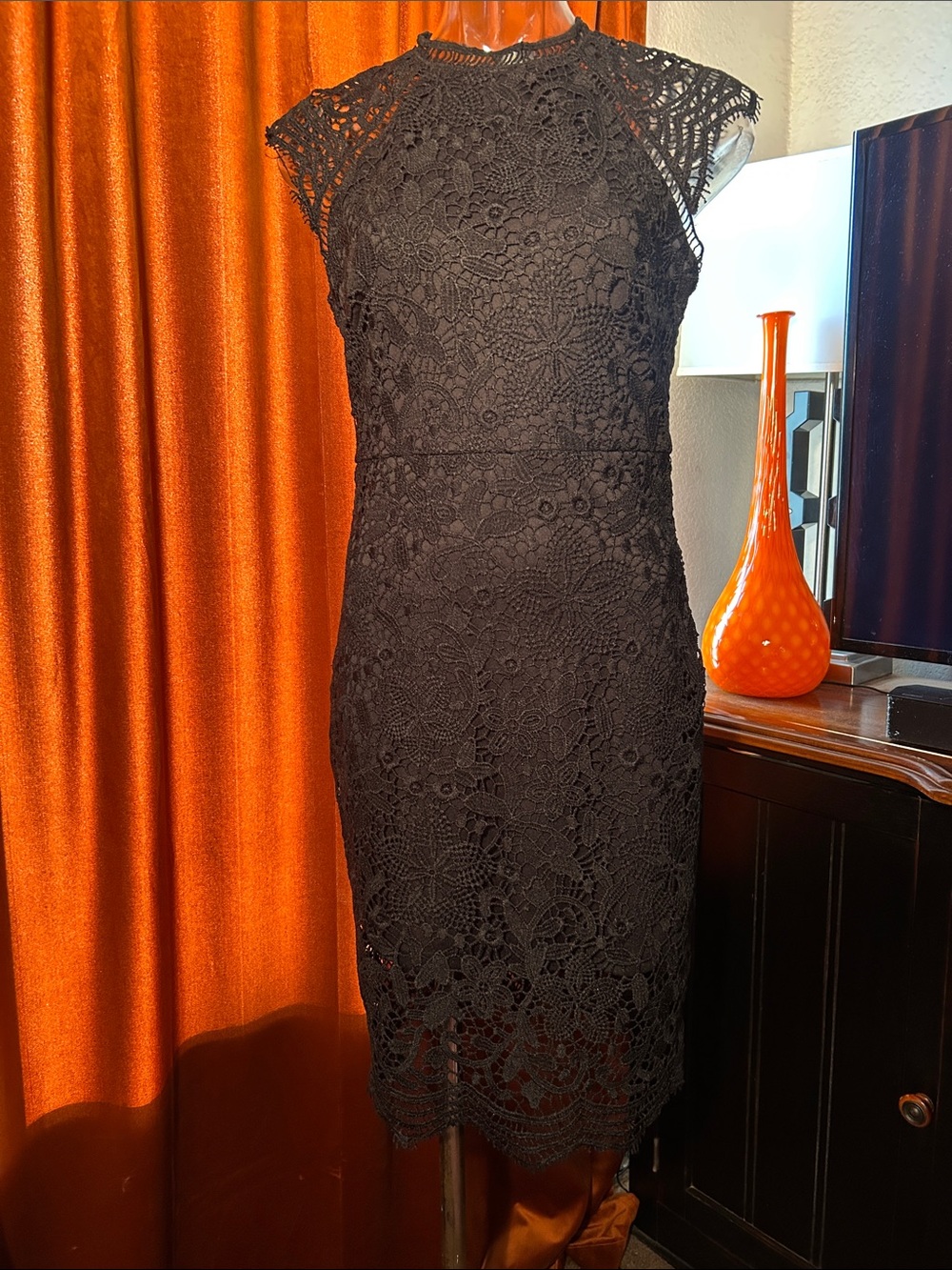 Main Strip Black Crochet Lace Sheath Dress